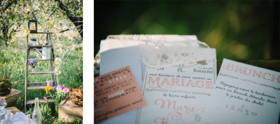 Rustic outdoor wedding decor with ladder and floral invitations