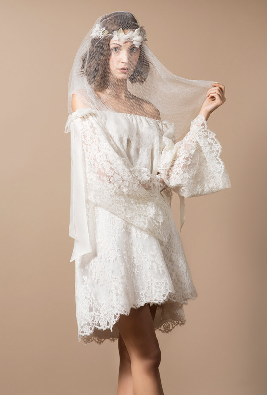 off the shoulder lace wedding gown by Delphine Manivet