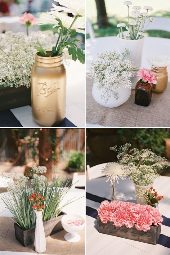 gold mason jars and milk glass vases make for some fabulously shabby chic centerpieces