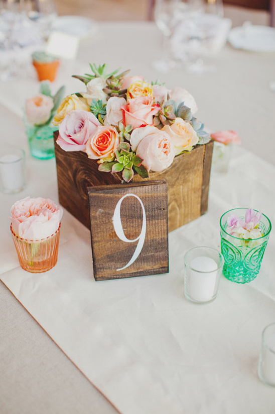 rose and succulent flower box centerpiece with wooden table number