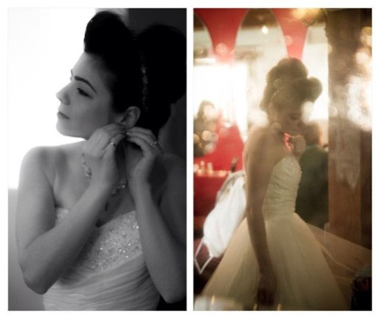 Bride preparing for her wedding in two portraits