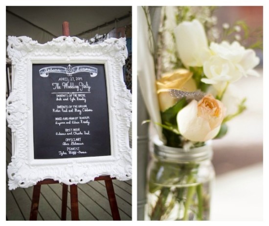 Wedding day details chalkboard sign and floral arrangement
