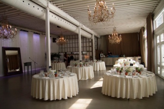 Elegant wedding reception venue with chandeliers