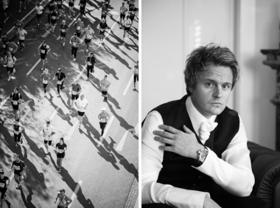 Black and white contrast of marathon runners and portrait