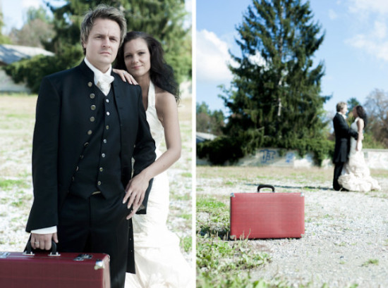 Newlyweds with suitcase starting their honeymoon trip