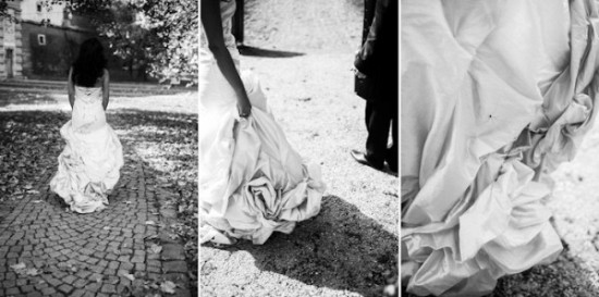 Bride walks away from camera in vintage wedding dress