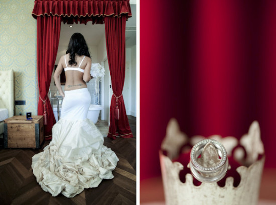 Bride in gown and wedding ring on red velvet curtain