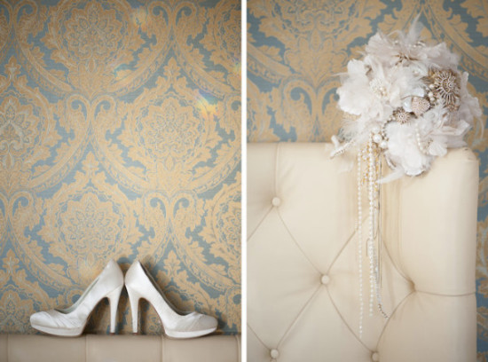 Wedding shoes and bouquet on patterned wallpaper backdrop