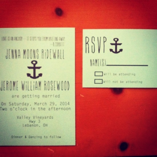 Wedding invitation with anchor design and RSVP card