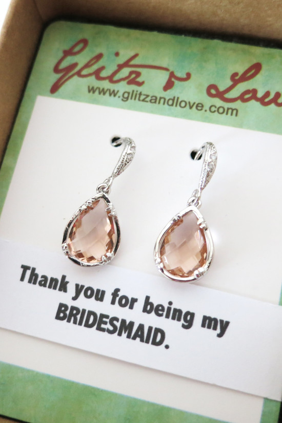 Elegant bridesmaid earrings in a gift box with a thank you note