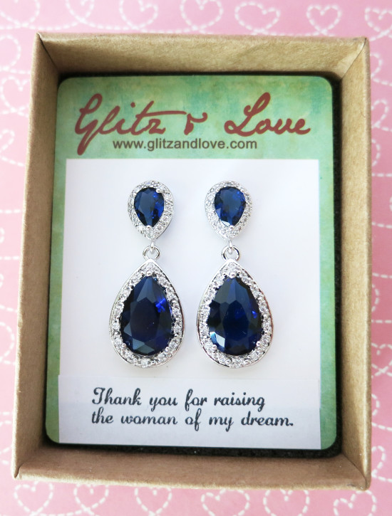 Elegant blue drop earrings from Glitz and Love with a thoughtful card