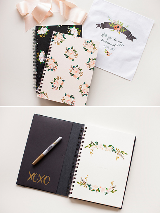 Floral notebooks and bridesmaid handkerchief with a ribbon
