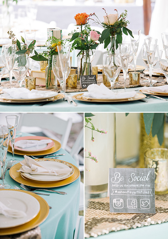 mint table cloths with gold decor