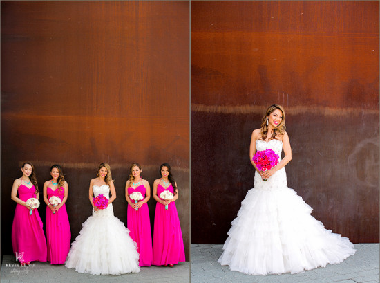 Bride and bridesmaids in pink dresses outdoors