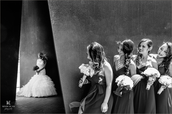 Bride and bridesmaids in black and white wedding portrait