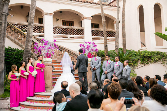 Wedding ceremony with bride bridesmaids and groom