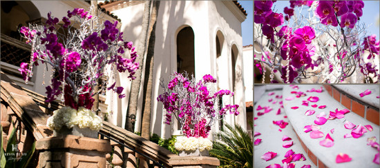 Elegant purple orchid wedding decoration details outdoors