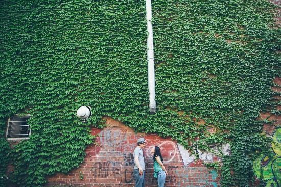 Couple standing near a brick wall covered in ivy