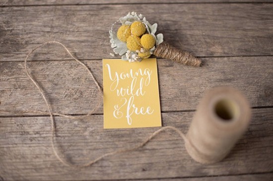 Young wild and free card with yellow billy balls bouttoniere
