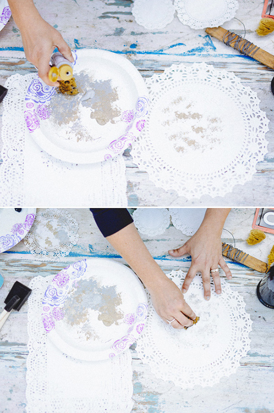 with sponge and paint age your paper doilies