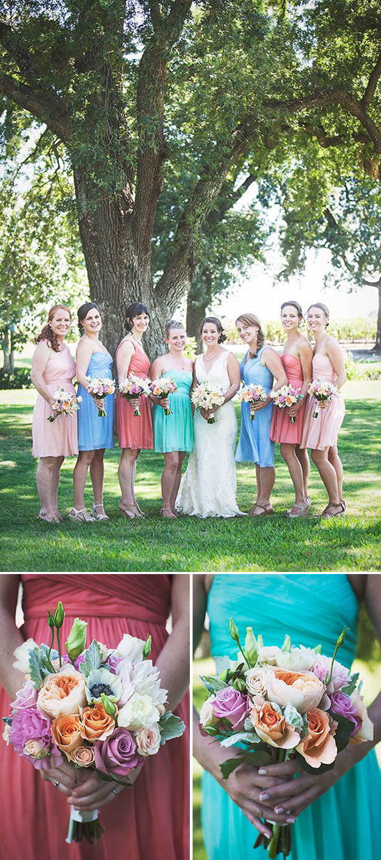bold blue green and pink bridesmaid dresses