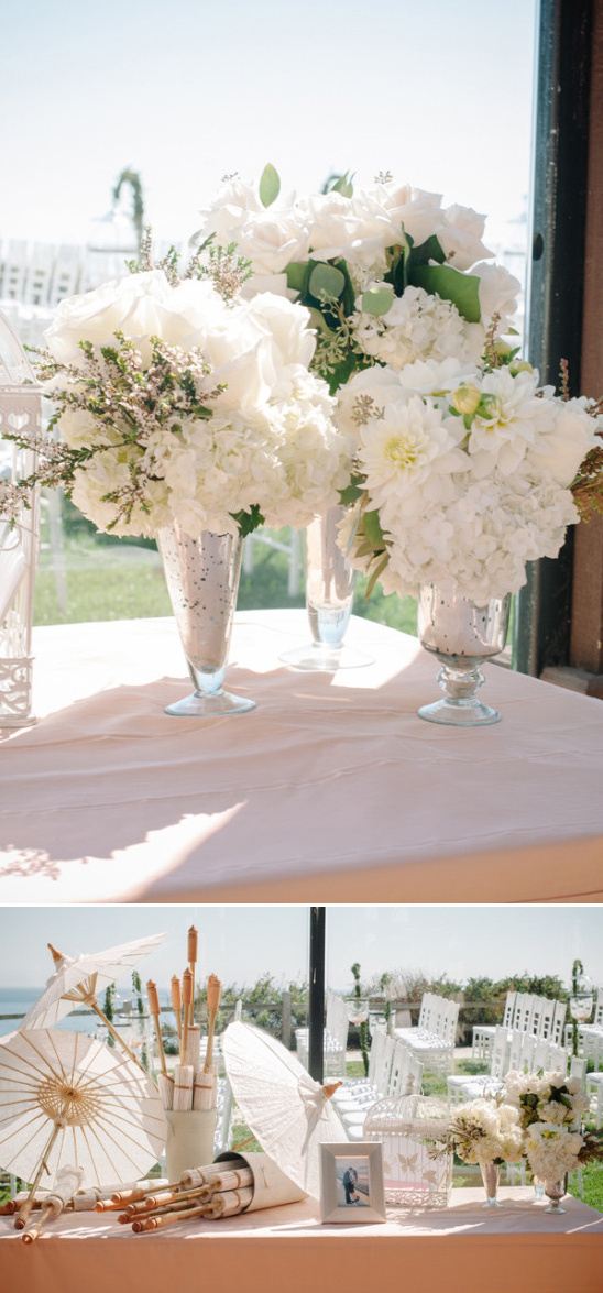 ceremony welcome table with sun parasols for guests