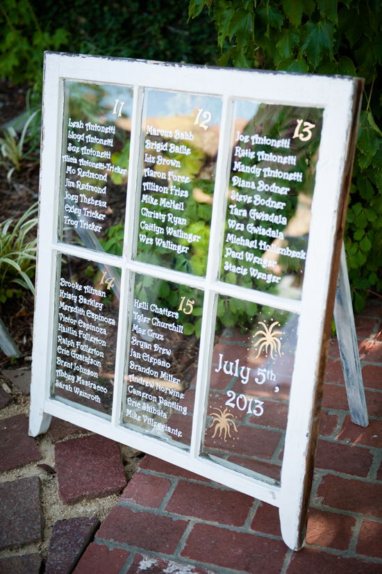 Vintage window pane displays wedding seating chart table