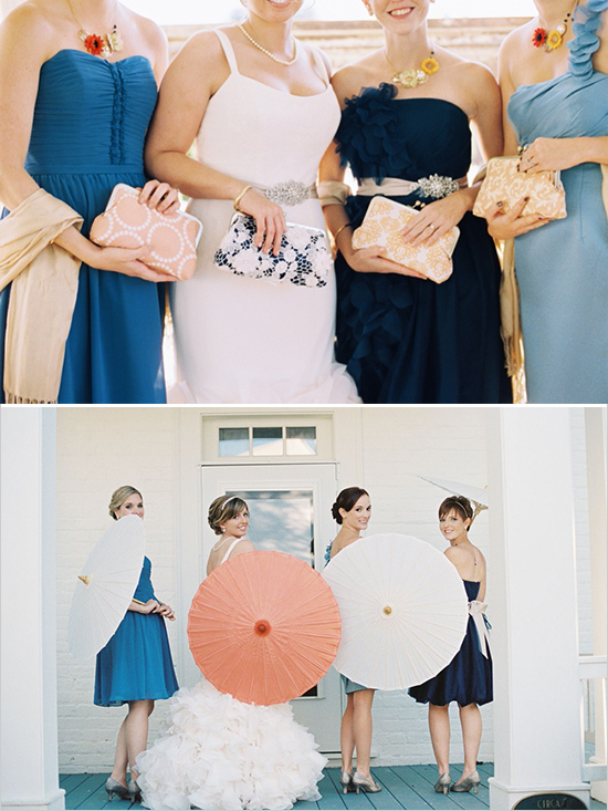 bridesmaids clutches and umbrellas