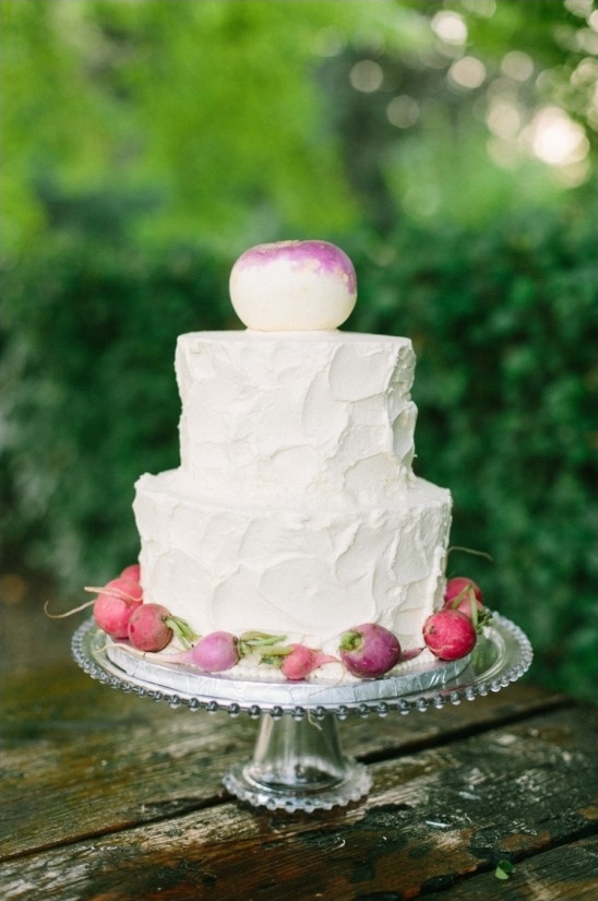 radish and turnip garnished wedding cake