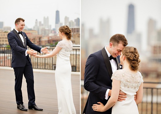 Bride and groom first look Chicago skyline wedding