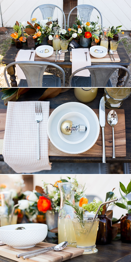 Rustic elegant wedding table decor and floral arrangement