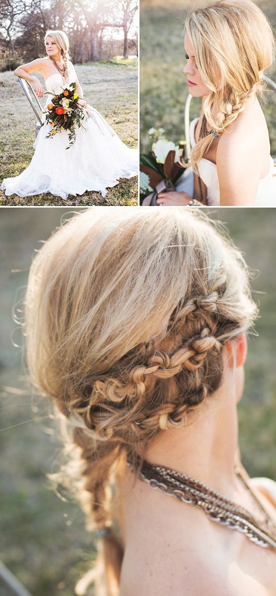 Blonde bride with braided hair and a white wedding dress
