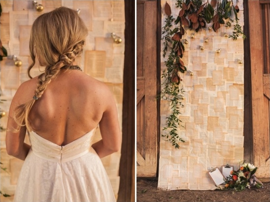 backless wedding dress and ceremony backdrop