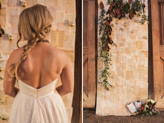 Bride in dress with decorated barn door backdrop