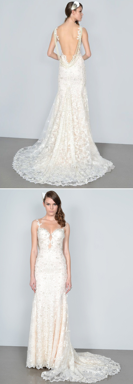 Elegant lace wedding dress with a deep open back design