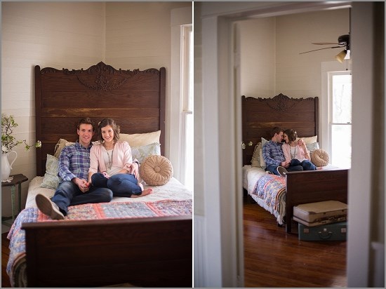 Couple in love, sitting on bed in a charming bedroom