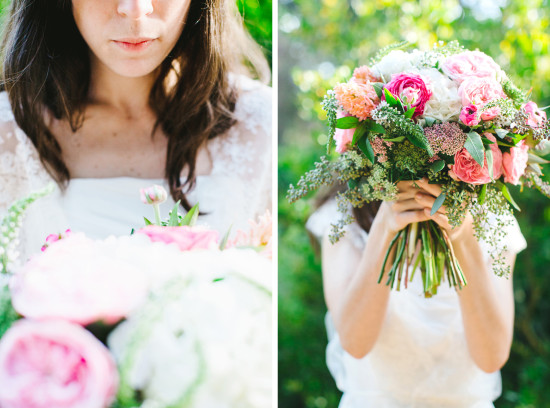 Bride holding a beautiful bouquet of pink and white flowers outdoors