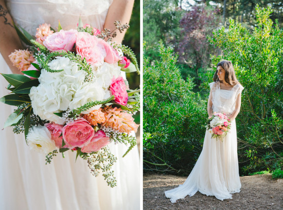 Bride holding flowers in a dreamy white wedding dress, nature