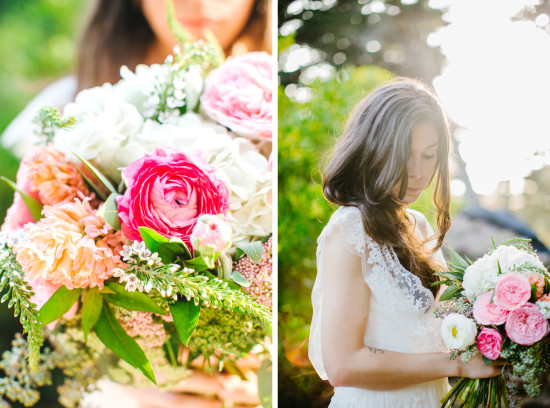 Bride holding colorful floral bouquet in soft natural light