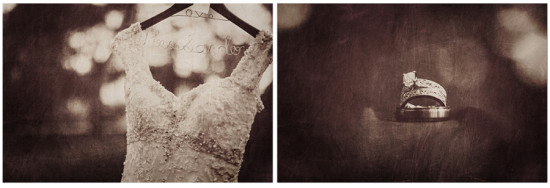 Wedding dress and rings with a vintage sepia tone, ready for the big day