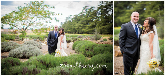 Wedding couple poses in a beautiful garden for a portrait photo