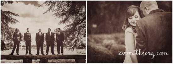 Here are a few alt tag options for the image:

*   Wedding day with groomsmen and a bride in sepia tones 
*   Sepia tone photo of bride and groom and wedding party 
*   Wedding party photos in sepia showing a couple's love