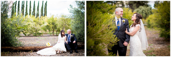 Wedding couple posing in a beautiful green park on their special day