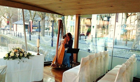 A harpist playing during a wedding ceremony with outdoor views
