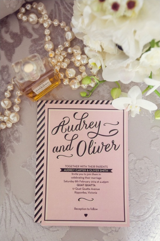 pink black and white wedding invite