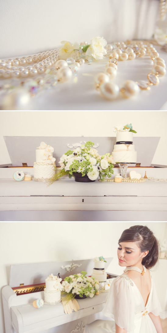 pearl drapped piano and cake display