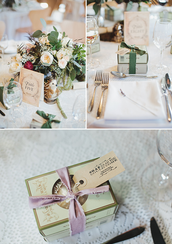 Wedding table setting with floral centerpiece and favors