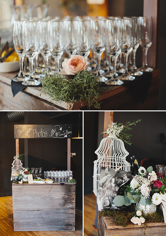 Rustic wedding decor with glasses and flower displays