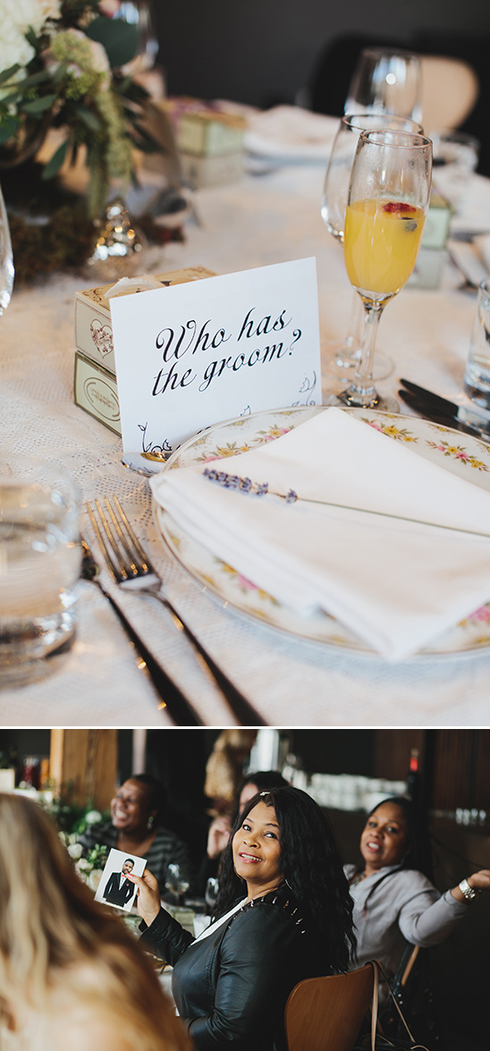 Wedding guests playing a groom photo guessing game