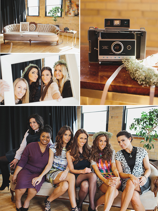 Girls posing vintage wedding decor and Polaroid camera